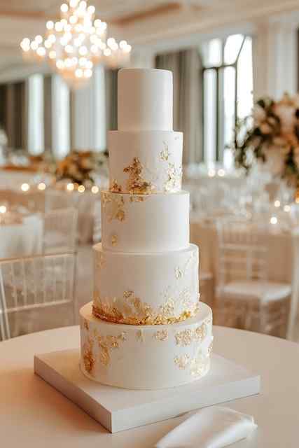 Gold leaf-trimmed wedding cake four-tier wedding cake with smooth white fondant, adorned with delicate gold leaf accents wrapping around each tier, set against a stylish and sophisticated venue