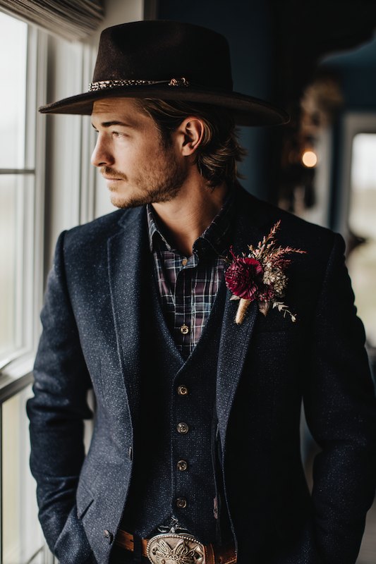 A groom in a western suit and cowboy hat, with a boutonniere, looking out the window in a rustic setting