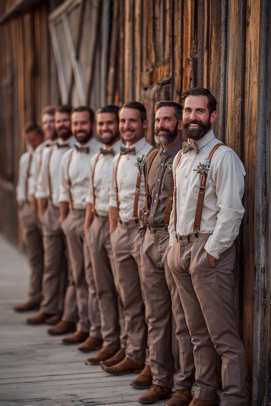 A group of groomsmen in beige suspenders and bow ties, lined up against a rustic background, looking sharp and coordinated