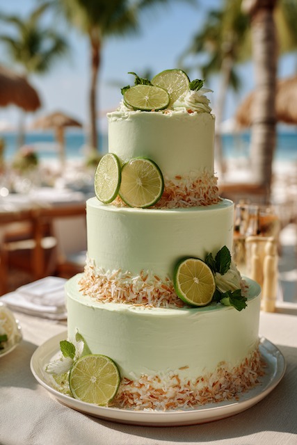 Key lime coconut wedding cake Three tier key lime coconut wedding cake with pale green buttercream, toasted coconut edging, and lime slice garnishes, creating a fresh tropical look ideal for a beach or summer celebration