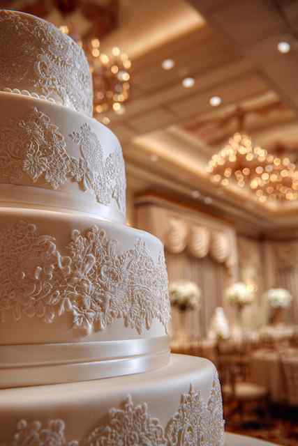 Lace-pressed fondant wedding cake three-tier wedding cake with intricate lace-pressed fondant designs, set in a luxurious venue with sparkling chandeliers and a sophisticated atmosphere