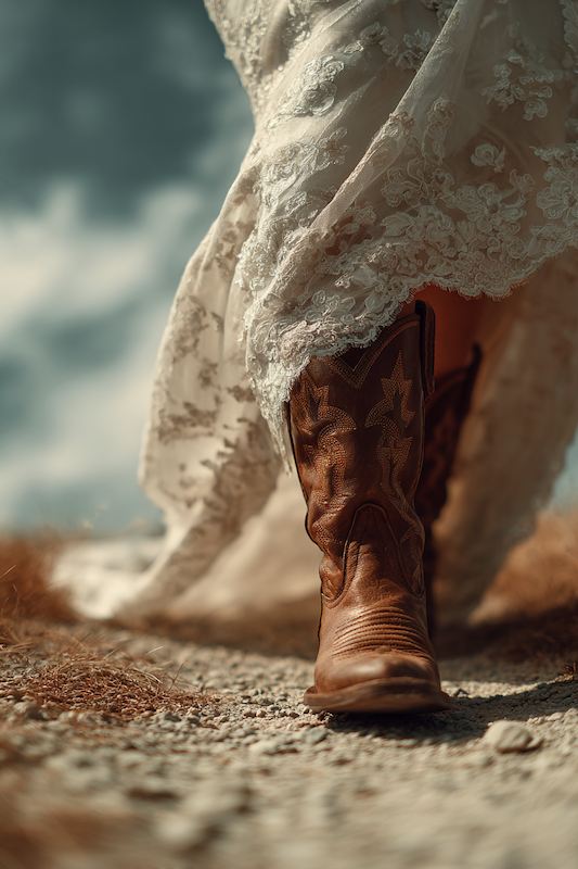 A close-up of a bride's cowboy boots beneath her lace wedding gown as she walks on a rustic dirt path