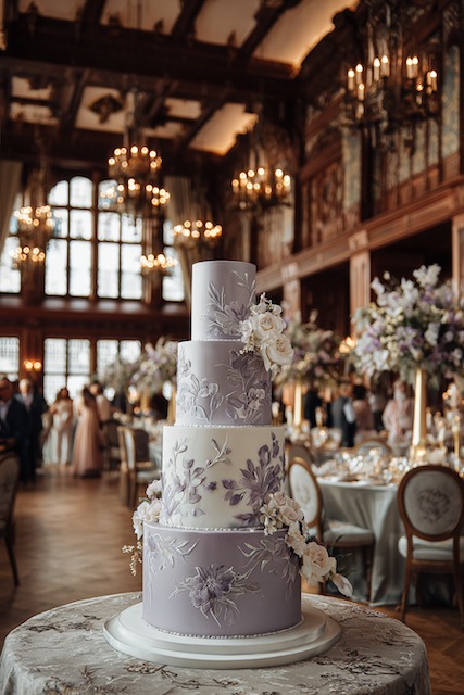 Lavender + white weddig cake Four tier lavender and ivory wedding cake featuring delicate floral embroidery and cascading sugar flowers, exuding refined romance and sophistication in a grand ballroom setting.