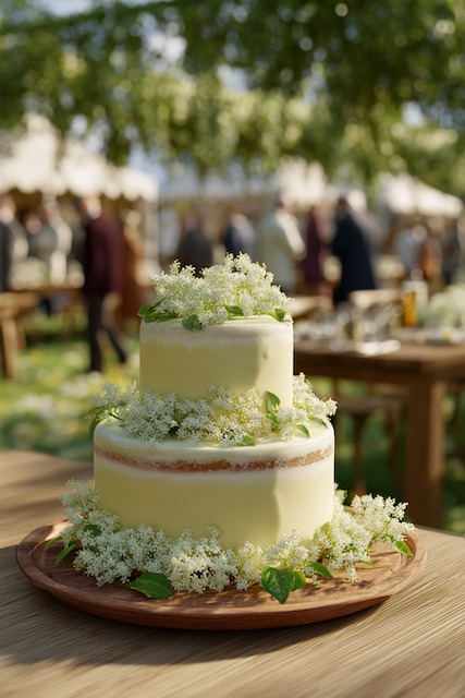 Lemon elderflower wedding cake Two tier semi-naked lemon wedding cake topped and ringed with clusters of delicate white elderflowers and green leaves, styled on a rustic wooden board for an outdoor garden celebration.