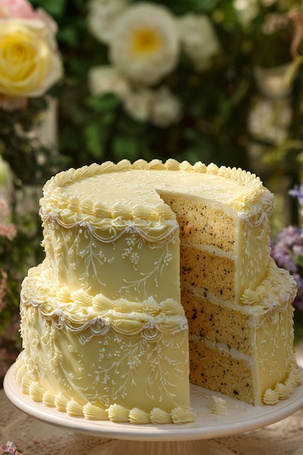 Lemon poppyseed + honey wedding cake Three tier lemon poppyseed wedding cake with delicate yellow buttercream, vintage-style piped scrollwork, and floral lace details for a soft, elegant spring or garden-inspired celebration.
