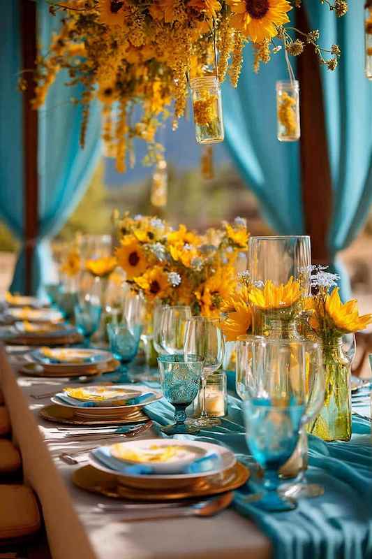 Lightweight fabrics on wedding dinner table. Wedding table decorated with sunflowers in vases, hanging mason jar lights, and vibrant blue glasses, creating a rustic country ambiance