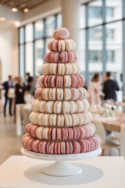 Macaron tower wedding cake Towering French macaron wedding cake featuring pastel pink and ivory macarons arranged in a conical shape, creating an elegant and modern alternative to traditional tiered cakes—perfect for chic receptions and minimalist celebrations