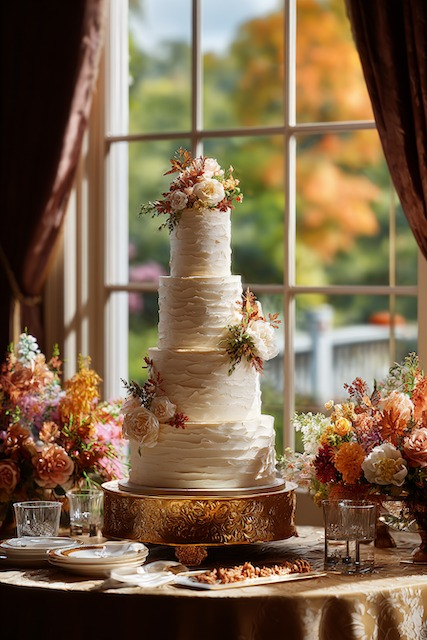 Maple pecan wedding cake Four tier ivory buttercream wedding cake with textured ruffled icing and clusters of blush, peach, and ivory flowers, displayed on a gold embossed stand surrounded by fall floral arrangements.