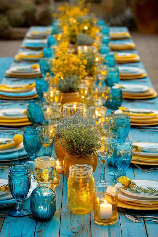 Mason jar lighting Wedding table with vibrant yellow flowers, mason jar lighting, and blue glasses, creating a warm and rustic country-themed ambiance
