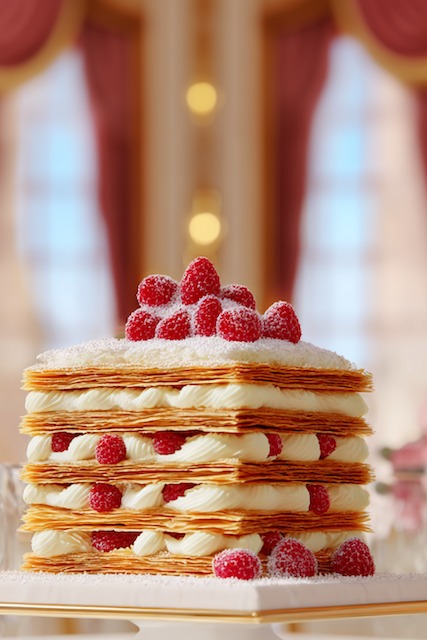 Mille-feuille wedding cake French mille-feuille wedding cake featuring delicate layers of golden puff pastry filled with vanilla cream and fresh raspberries, dusted with powdered sugar for an elegant Parisian-inspired design
