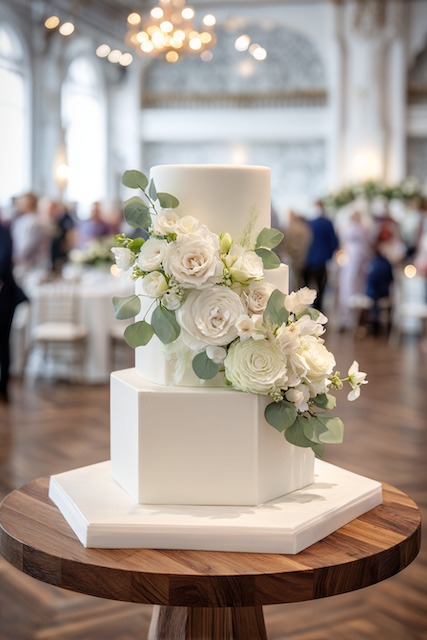Mixed shapes (circle + hex) wedding cake Three tier wedding cake combining hexagon and round tiers, adorned with cascading white roses, ranunculus, and eucalyptus leaves, blending modern geometry with romantic floral elegance.