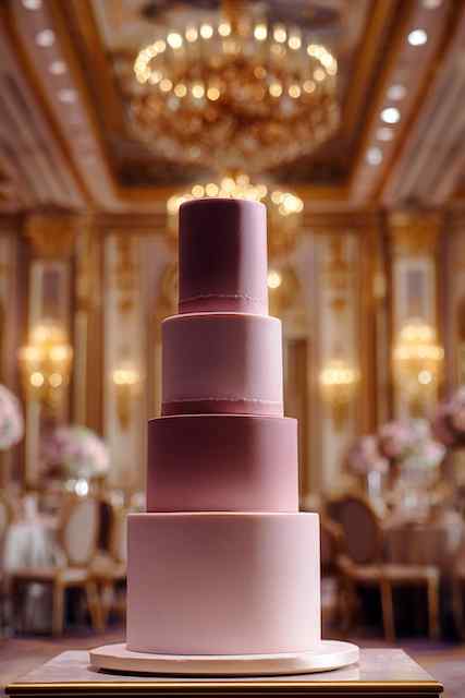 Monochrome matte finish wedding cake four-tier wedding cake with soft pink ombré gradient, set in a luxurious ballroom with chandeliers in the background