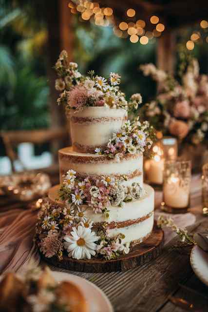 Naked layers + blooms wedding cake Three-tier naked wedding cake adorned with fresh wildflowers, including daisies and pink blossoms, on a wooden cake stand