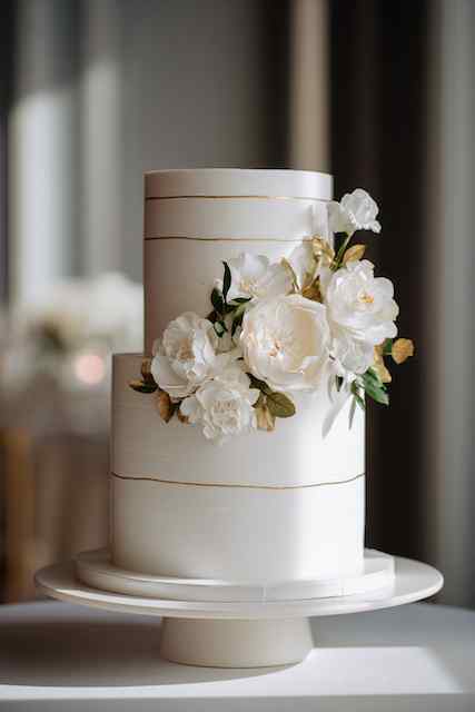Negative space design wedding cake Elegant white wedding cake with clean lines, subtle gold accents, and a beautiful white floral arrangement, offering a modern and sophisticated design