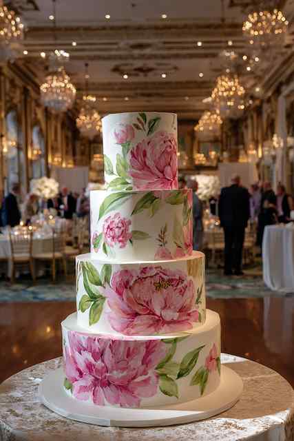 Painted peonies wedding cake four-tiered white wedding cake adorned with hand-painted pink peonies and greenery, creating a romantic and artistic design