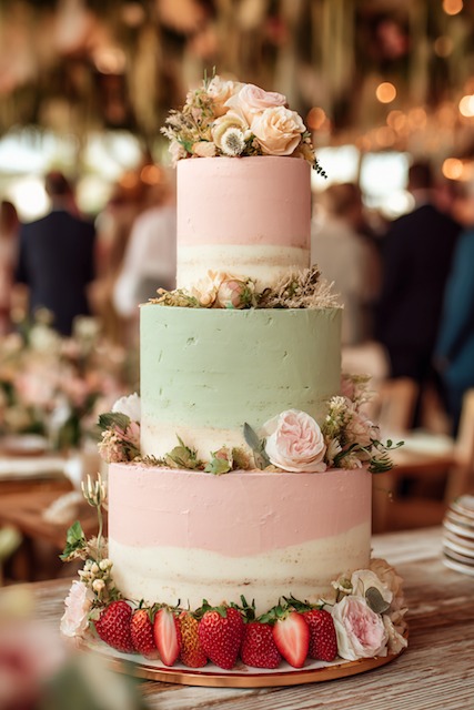 Pale pink + green combo wedding cake Three tier pastel buttercream wedding cake in soft blush, cream, and sage green hues, decorated with roses, dried florals, and fresh strawberries at the base, exuding romantic garden-inspired charm