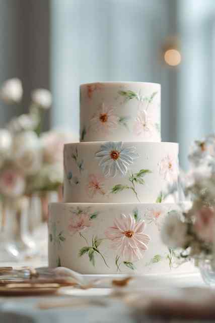Pastel floral watercolor design wedding cake Three tier wedding cake with hand-painted pastel flowers in pink, blue, and peach hues, featuring delicate brushstroke detailing for a soft, romantic look.