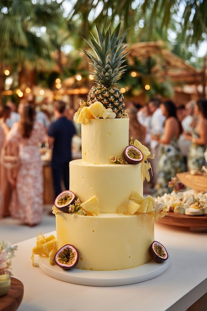 Pineapple + passionfruit wedding cake Three tier pineapple and passionfruit wedding cake with smooth yellow buttercream, topped with a whole pineapple and decorated with fresh pineapple chunks and halved passionfruit, creating a bold tropical centerpiece for a summer celebration