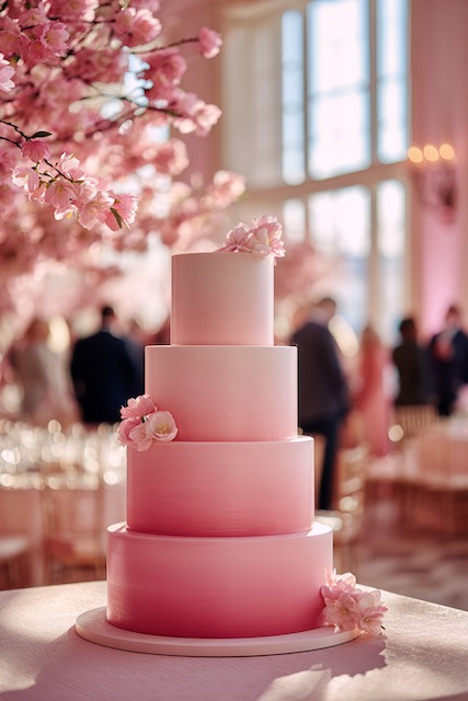 Pink ombré layers wedding cake Four tier pink ombré wedding cake with smooth fondant finish, accented by delicate blush blossoms, creating a soft romantic statement.