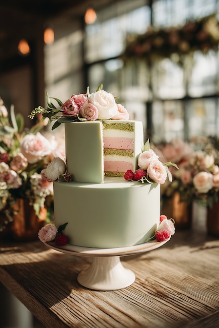 Two tier pistachio and raspberry wedding cake with sage green fondant, featuring a cutaway revealing pink raspberry and pistachio sponge layers, topped with blush roses and fresh raspberries for a romantic spring-inspired design. Pistachio + raspberry wedding cake