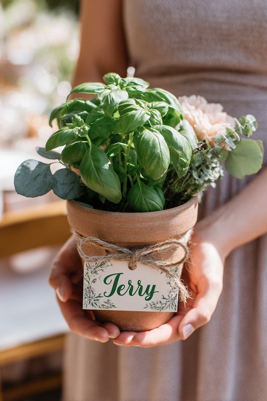 Potted herbs give-aways Hands holding a potted basil plant with a name tag attached, perfect for a rustic wedding favor
