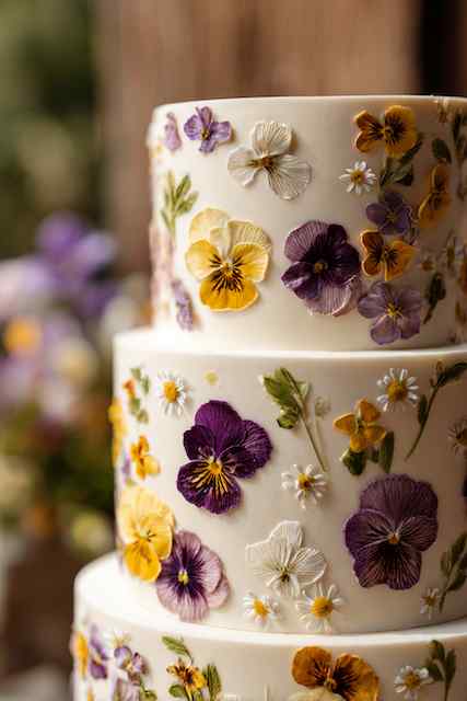 Pressed edible flowers wedding cake Three-tier wedding cake decorated with hand-pressed edible flowers, including pansies and daisies, creating a colorful and delicate floral design