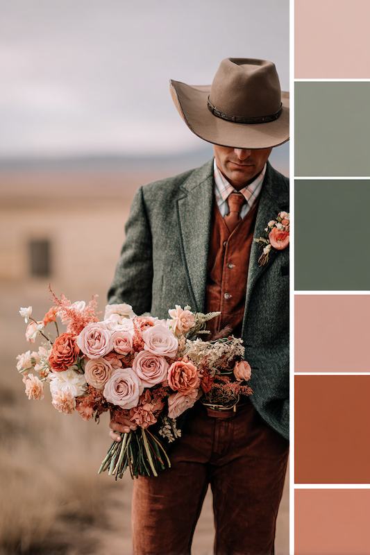 A groom in a western suit holding a bouquet of roses, set against a rustic background with color palette inspiration