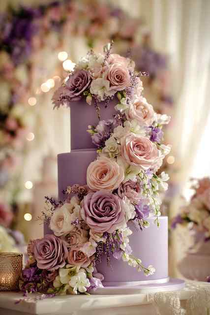 Real flower cascade wedding cake three-tier lavender wedding cake adorned with a cascading arrangement of soft pink and purple roses, accented by white florals, creating a romantic and elegant look