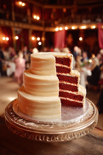 Red velvet with cream cheese wedding cake Three tier red velvet wedding cake with creamy white buttercream frosting, smooth rustic texture, and a slice cut to reveal rich crimson layers, displayed on an ornate silver stand in a warm candlelit reception setting.