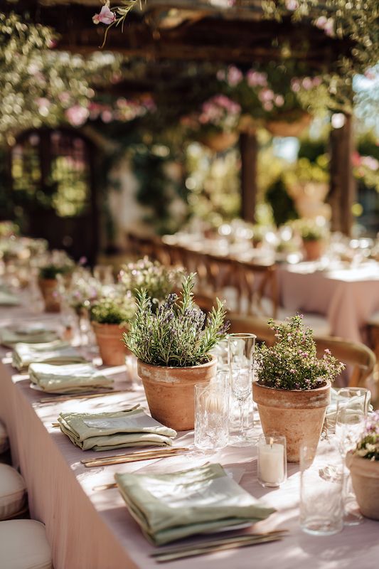 Sage green + blush pink table settings Rustic wedding table setting with terracotta pots holding fresh herbs, pastel napkins, and clear glassware