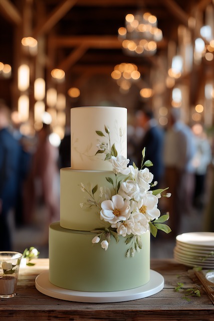 Sage green + cream wedding cake Three tier sage green and cream wedding cake with smooth fondant finish, adorned with cascading white sugar flowers and greenery, creating a fresh and elegant garden-inspired design.