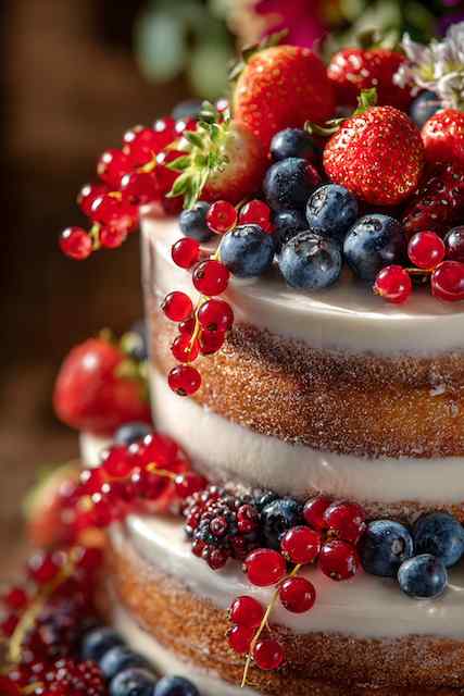 Semi-naked with fresh berries wedding cake Three-tier semi-naked wedding cake adorned with fresh strawberries, blueberries, red currants, and blackberries for a rustic touch