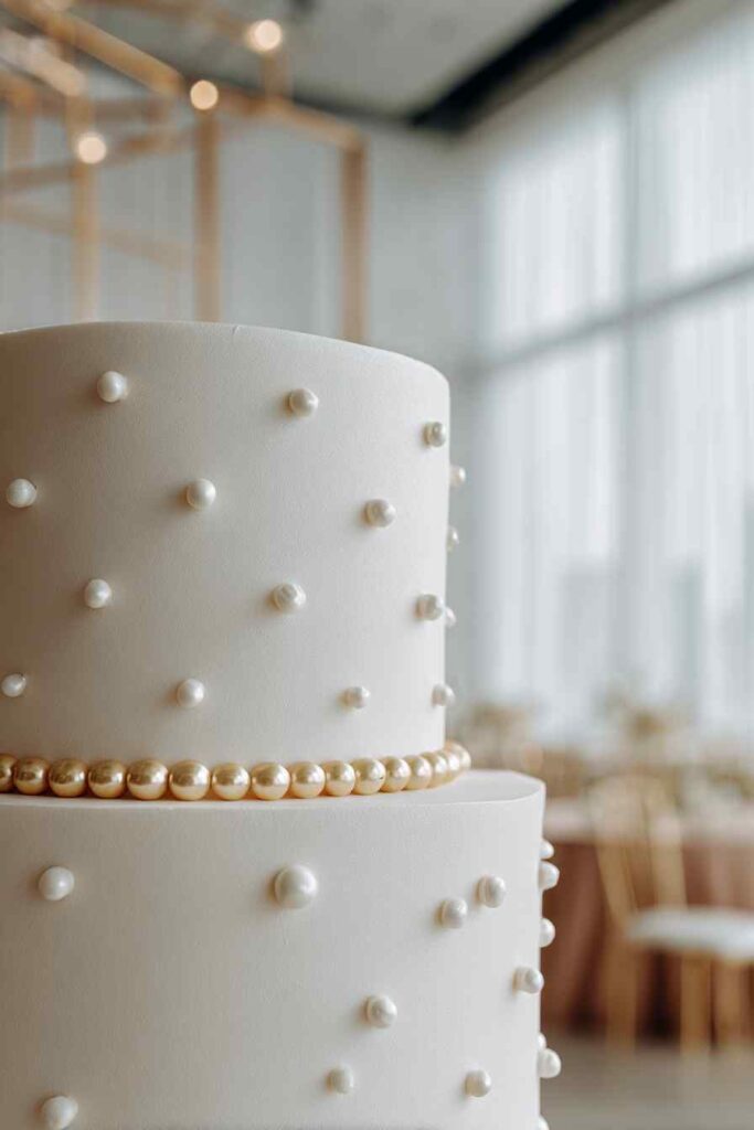 Smooth fondant with pearl dots wedding cake Sleek two-tier wedding cake with smooth white fondant, adorned with delicate pearl details and a pearl bead border, set against a bright, minimalist venue