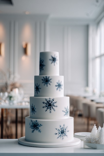 Snowflake-stenciled fondant wedding cake Four tier white wedding cake decorated with delicate blue snowflake stencils on smooth fondant, creating a refined winter wonderland design perfect for elegant seasonal celebrations.