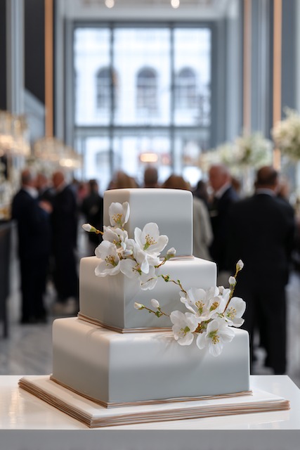 Square layers wedding cake Three tier square wedding cake covered in smooth fondant, accented with delicate white sugar blossoms on each tier, exuding modern elegance in a bright reception setting.