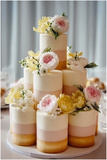 Stack of mini individual portions wedding cake Stacked mini wedding cakes in soft ombré shades of ivory and blush, each topped with delicate white and pink peonies and yellow blooms, creating an elegant modern tiered display.