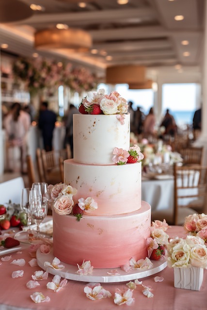 Strawberry champagne wedding cake Three tier blush pink ombré wedding cake with smooth fondant finish, adorned with fresh roses, strawberries, and delicate blossoms, creating a romantic and elegant look perfect for spring or summer celebrations.