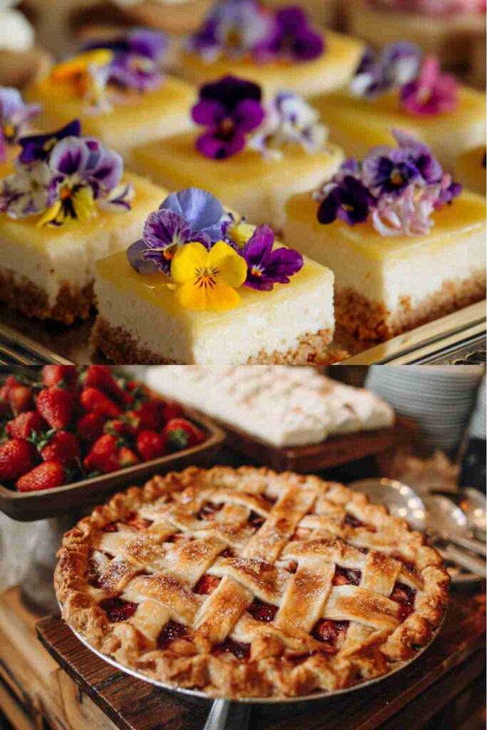 Strawberry pie & Lemon bars Cheesecake with edible flowers and strawberry rhubarb pie, perfect desserts for a country wedding celebration