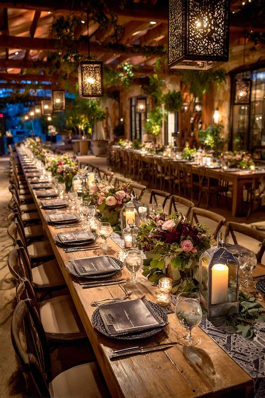 Rustic cowboy wedding reception with elegant wooden tables, floral centerpieces, and warm lantern lighting