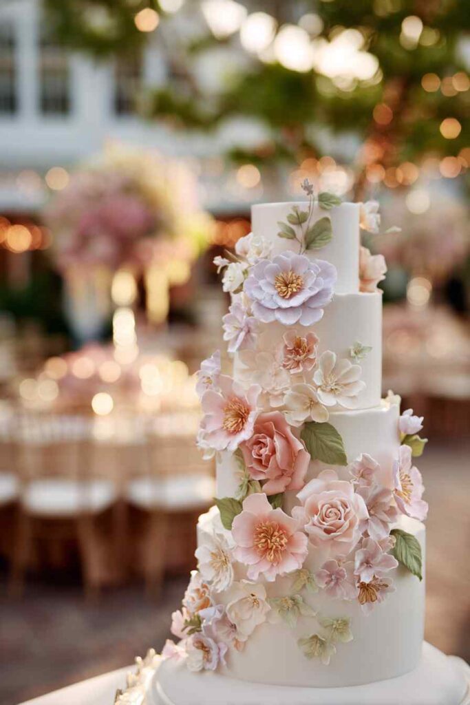 Sugar flower garden design wedding cake four-tier white wedding cake featuring a beautiful cascade of pastel pink and soft lavender flowers with delicate gold accents, creating an elegant and romantic feel