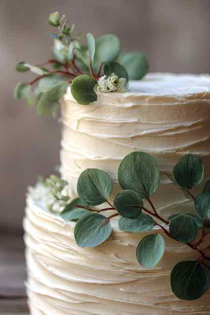 Textured buttercream with greenery wedding cake Two-tier semi-naked wedding cake decorated with greenery, including eucalyptus leaves, for a natural, boho look