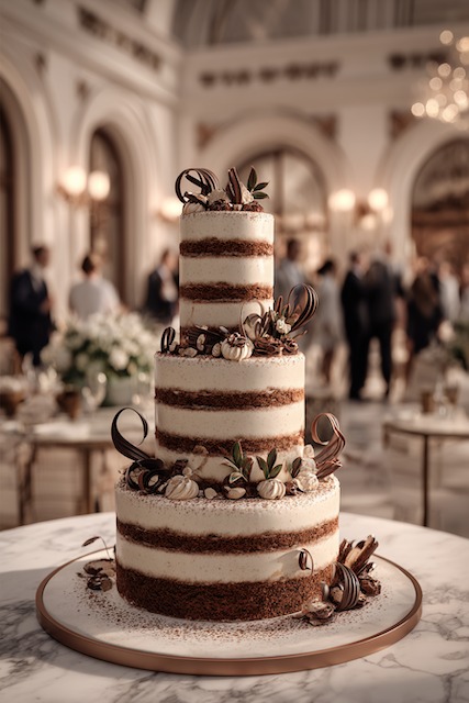 Tiramisu Wedding Cake Three tier naked tiramisu-inspired wedding cake with alternating layers of espresso-soaked sponge and mascarpone cream, adorned with chocolate curls, cocoa dusting, and espresso beans for a refined Italian dessert centerpiece.