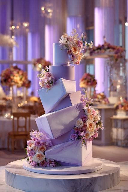 Topsy-turvy whimsical style wedding cake Five tier topsy-turvy lavender wedding cake with marbled fondant and cascading blush and peach roses, blending whimsy and elegance under soft purple lighting.
