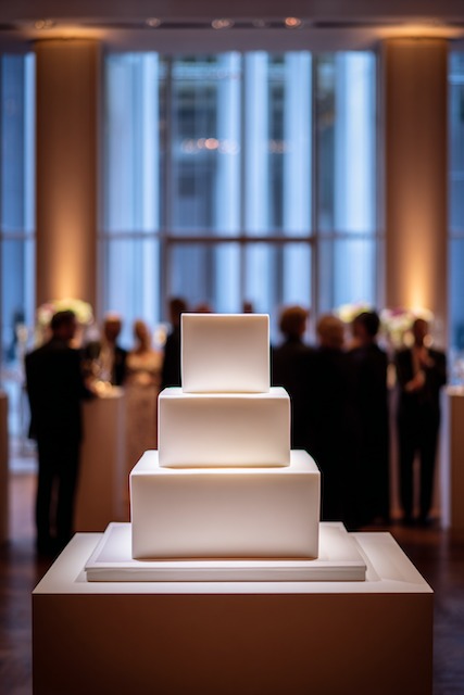 Tower of geometric cubes Three tier square wedding cake with smooth white fondant and sharp edges, illuminated from below for a modern, sculptural look, displayed in an elegant reception setting.
