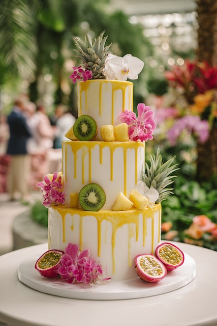 Tropical fruit drip wedding cake Three tier tropical wedding cake with smooth white fondant and bright yellow drip glaze, decorated with fresh pineapple, kiwi, and passionfruit slices, plus pink orchids and white blooms for a vibrant island-inspired celebration