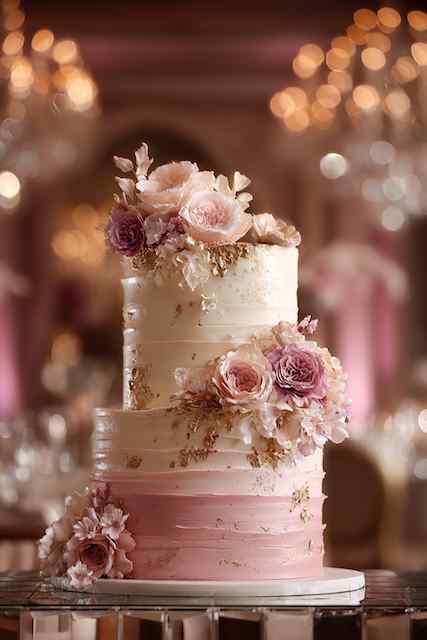 Two-tone ombré buttercream wedding cake Two-tier wedding cake with ombré buttercream fading from white to soft pink, adorned with blush pink and lavender roses, set in an elegant reception space