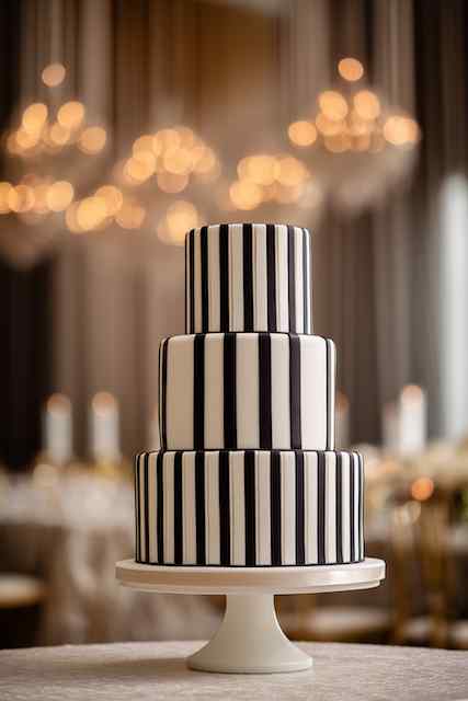 Vertical stripe fondant wedding cake three-tier wedding cake with bold black and white vertical stripes, placed on a simple white pedestal