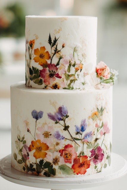 Vibrant pressed florals wedding cake Two tier pressed flower wedding cake featuring edible wildflowers in shades of orange, pink, purple, and yellow pressed into smooth white buttercream, creating a romantic garden-inspired design perfect for spring and summer celebrations