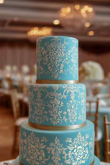 Vintage rose stencils wedding cake Three tier turquoise wedding cake with intricate white damask patterns and gold ribbon accents, creating an elegant vintage look.