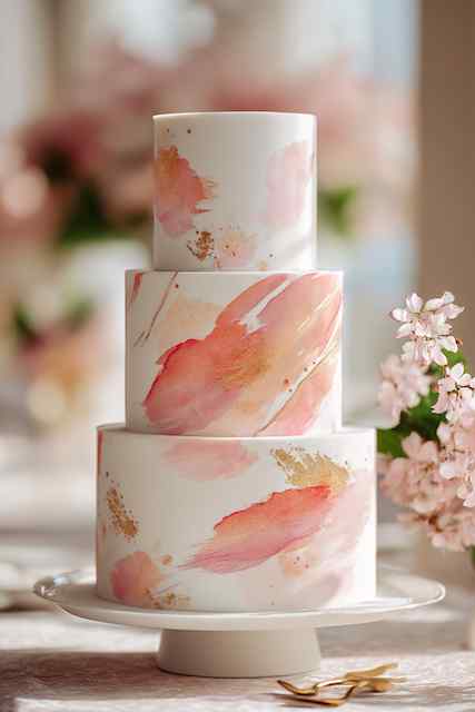 Watercolor brushstroke creation wedding cake Elegant three-tier wedding cake featuring soft pink watercolor brushstrokes with gold accents, creating a delicate and artistic design